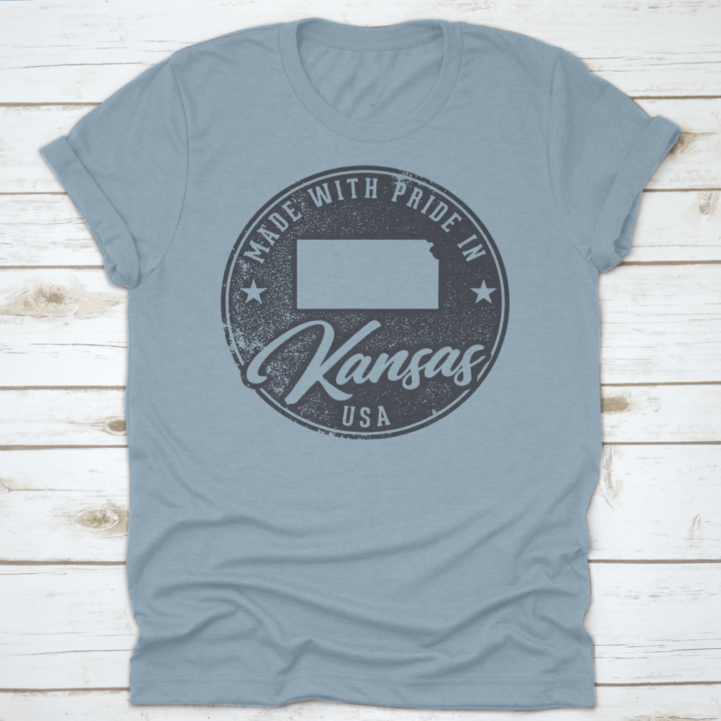 A comfortable t-shirt made from 100% cotton, featuring a Kansas state map packaging label, showcasing its quality and classic fit.